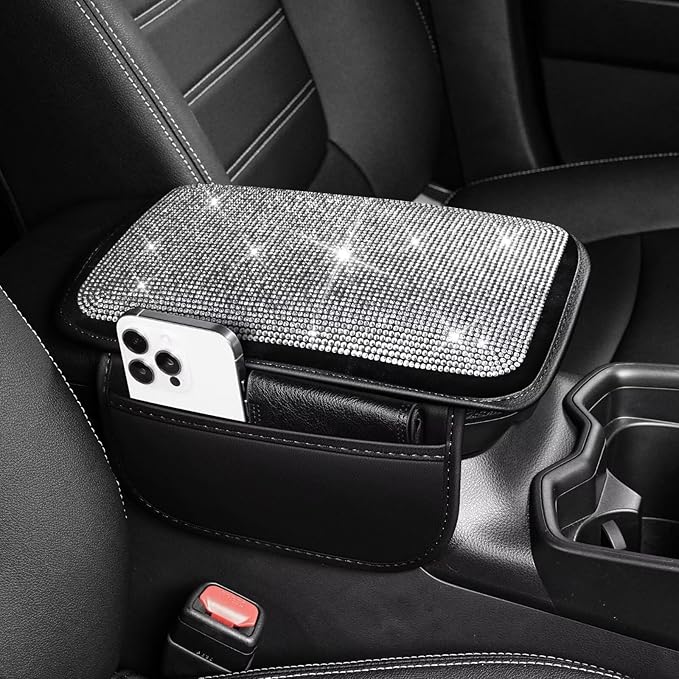 YORKNEIC Bling Center Console Cover Fit for Ford Edge: Armrest Cover with 2 Storage Pockets, Crystal Rhinestone Car Arm Rest Cover Pad Design for Protection(Silver Diamond)
