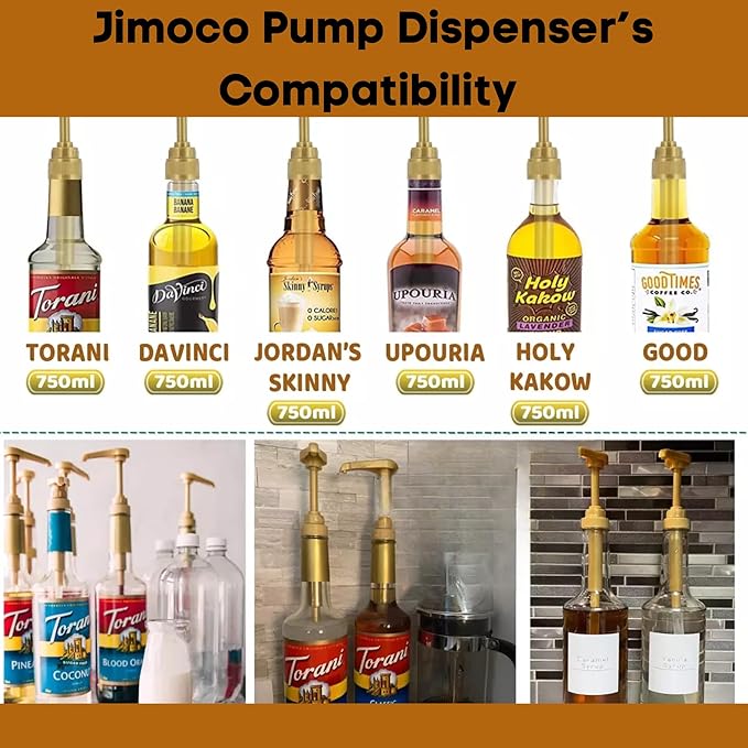Jimoco Syrup Pump & Torani Syrup Bundle - Brown Sugar Cinnamon, Hazelnut Classic, Pumpkin Pie, Peppermint, Salted Caramel, & Toasted Marshmalow - For Italian Soda Coffee, Lattes, Frappes With 6 Pump Dispensers