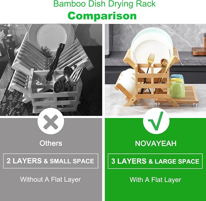 NOVAYEAH Bamboo Dish Drying Rack with Utensil Holder, Collapsible Wooden Dish Drainer Rack, 3-Tier Large Folding Drying Holder for Kitchen Counter 51 pcs Grid