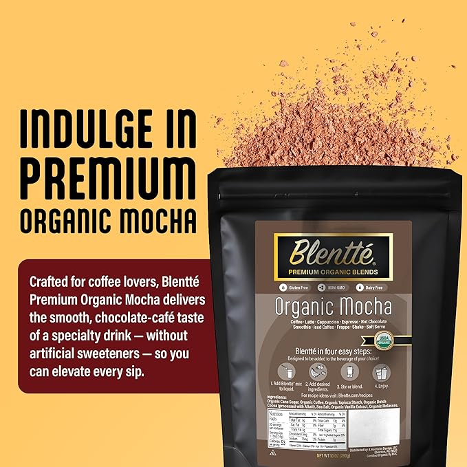 Blentte - Organic Mocha Drink Mix - Latte, Cappuccino, Frappe, Hot Chocolate & Coffee Blend - For Instant Smooth Chocolatey Beverage - Non-GMO - Dairy-Free - Gluten-Free - 10 Oz