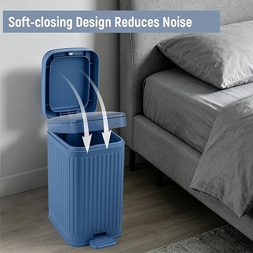 rejomiik Small Bathroom Trash Can with Lid Slim Soft Close Garbage Can Step Wastebasket Container Trash Bin for Office Bedroom Kitchen Living Room 1.9 Gallon, Navy Blue