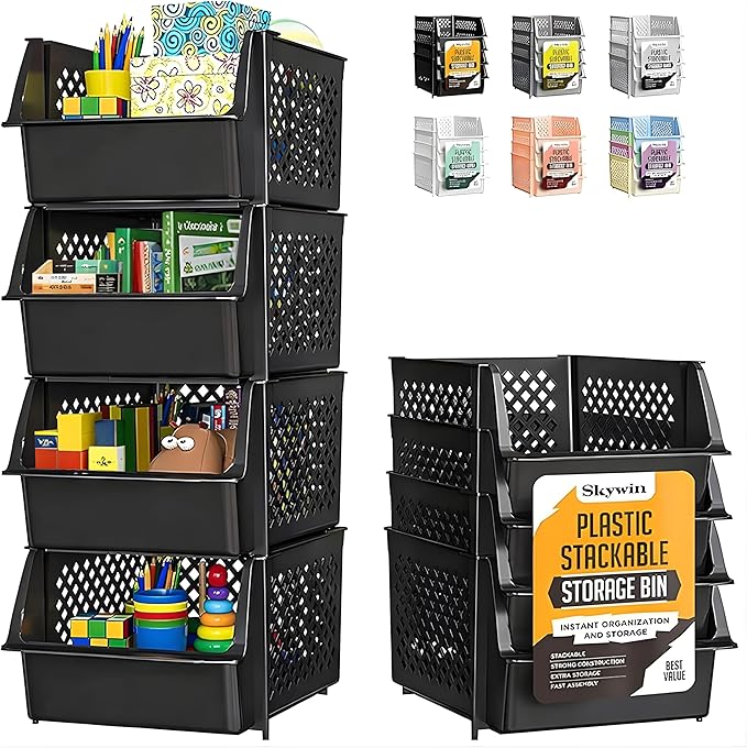 Skywin Stackable Storage Bins Open Front for Pantry Storage, 4 Pack - Black | Sturdy Plastic, Easy Stacking, Open Front Access, Ventilated Sides, Vertical & Space Saving Pantry Organizers and Storage Bin