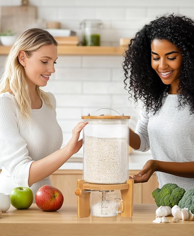 HBlife 5-7 Lbs Glass Rice Dispenser with Wooden Stand Flour and Cereal Container with Glass Measuring Cup Pantry Food Organization Storage Bin with Airtight Bamboo Lid, 3L (2 Pack)