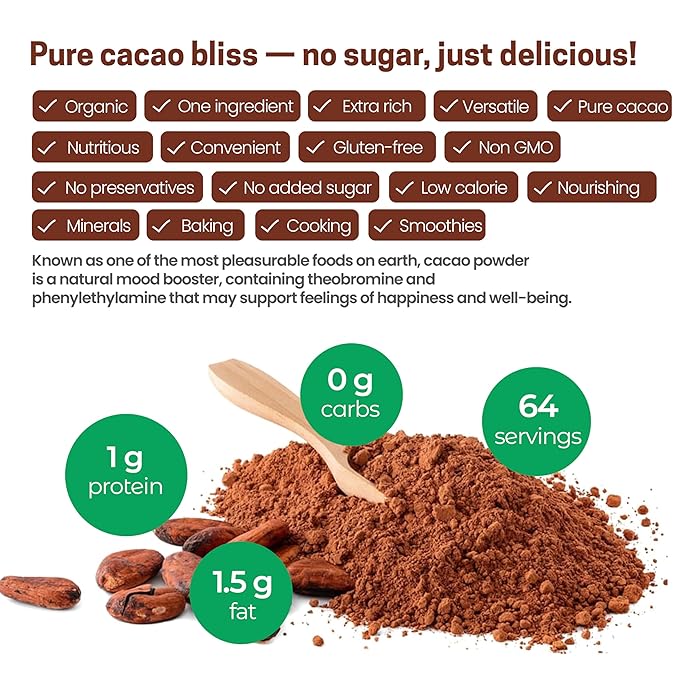 Z Natural Foods Organic Cacao Powder - Unsweetened Nutrient-Dense Superfood for Healthy Aging - Extra-Rich Dark Chocolate Flavor Perfect for Chocolate Recipes, Shakes or Smoothies, 1 lb
