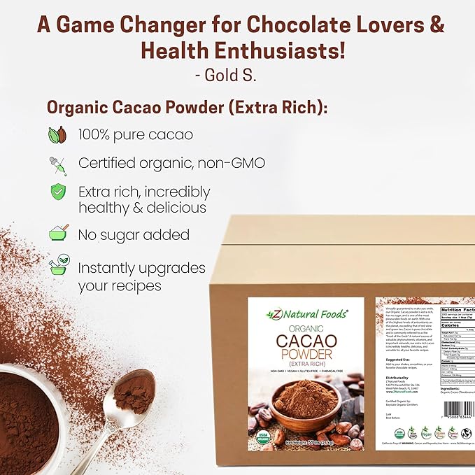 Premium Organic Cacao Powder - 55 lbs - Extra Rich - The Essence of Dark Chocolate - Product of Switzerland - 100% Pure Cold-Pressed, Vegan, Non GMO, Gluten Free, Kosher