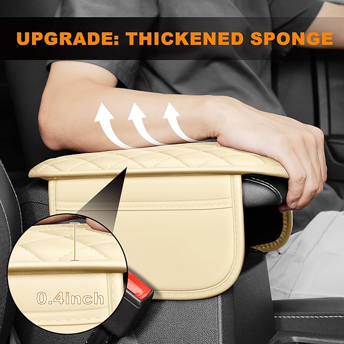 Car Center Console Cover Fit for Mazda Mazda 3 - Upgraded Faux Leather Armrest Cushion with 2 Storage Pockets - Waterproof Armrest Protector for Car (Beige & Whiteline)