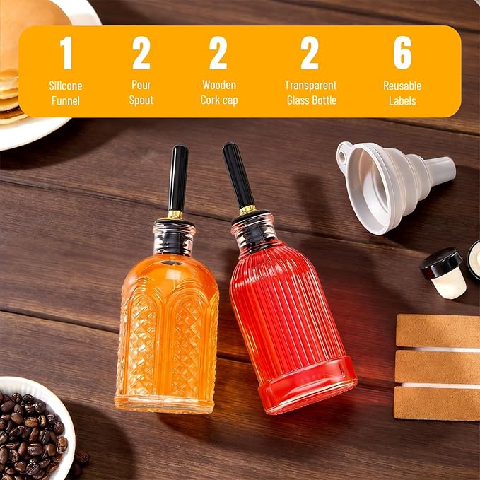 2-Pack Coffee Syrup Dispenser, 7 OZ/200ML Honey Dispenser, Small Syrup Bottles with Funnel & Extra Nozzles, Glass Syrup Dispenser for Coffee Shop, Home Kitchen