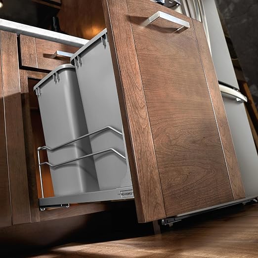 Rev-A-Shelf Double 35 Qt Pullout Trash Cans with Soft-Close for Under Kitchen Cabinets, Min Opening Width of 14.5", Metallic Silver, 53WC-1835SCDM-217