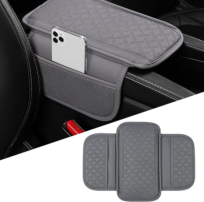 Car Armrest Cushion, Leather Soft Vehicle Center Console Cover with 2 Storage Bag, Breathable Automotive Interior Arm Rest Protection Pad Accessories, Universal for SUV Sedan Truck(Gray)