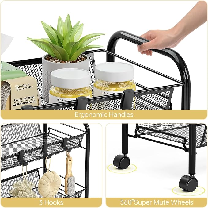 TOOLF 5-Tier Metal Utility Cart with 3 Hooks, Easy Assemble Mobile Storage Trolley On Wheels, Metal Shelving Units Kitchen Bathroom Laundry Room