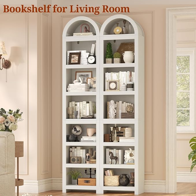 UPOSOJA 76" Tall Narrow Arched Bookcase,7-Teir Mid-Century Modern Bookshelf,Adjustable Shelves offering More Storage Space for Living Room,Kitchen,Home Office(Antique White, Narrow)