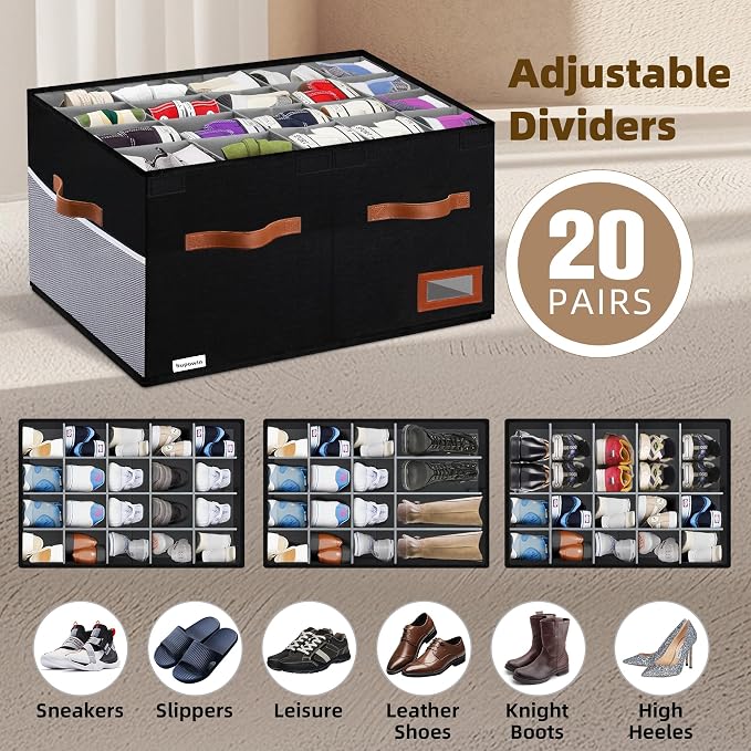 Supowin Shoe Organizer for Closet, Foldable Shoe Storage Bins with Lid & Adjustable Dividers, Fabric Shoe Box Storage Containers with Four Reinforced Handles, Fits 20 Pairs, 1 Pack, Black