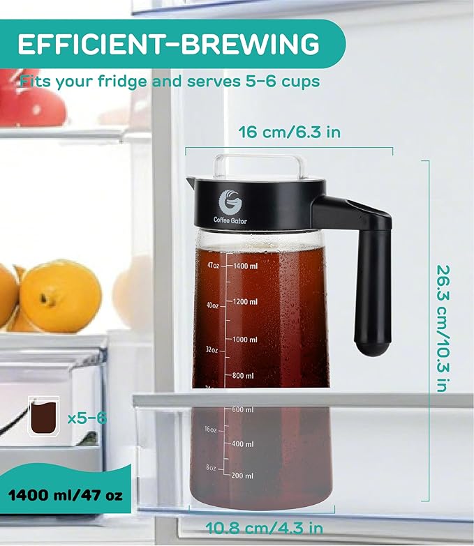 Coffee Gator Cold Brew Coffee Maker - 47 oz Iced Tea and Iced Coffee Maker and Pitcher with Borosilicate Glass Carafe, Filter - Black