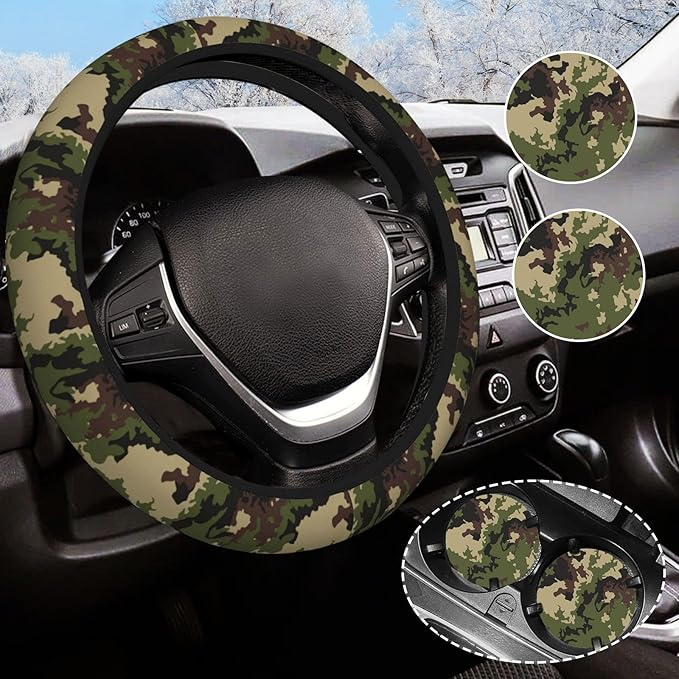 Green Camo Camouflage Steering Wheel Cover for Women Men with 2 Pcs Car Coasters, Universal 14.5-15 Inch Rainbow Steering Wheel Covers Non-Slip Car Accessories for Girls