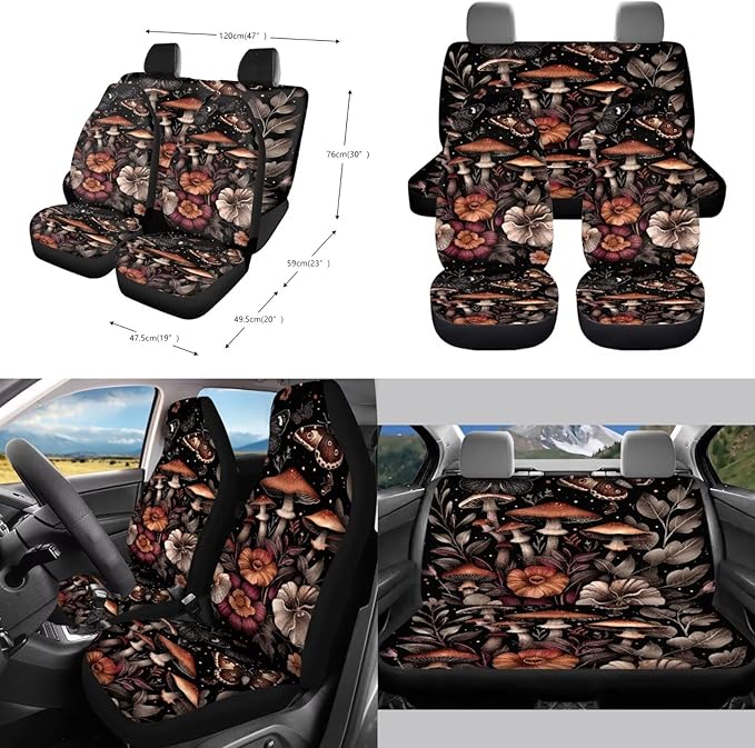 10 PCS Car Interior Accessories Sets for Women, Mushroom Flower Printed Comfortable Breathable Car Front and Back Seat Protector with Steering Wheel Cover Trash Can Coaster, Universal Fits