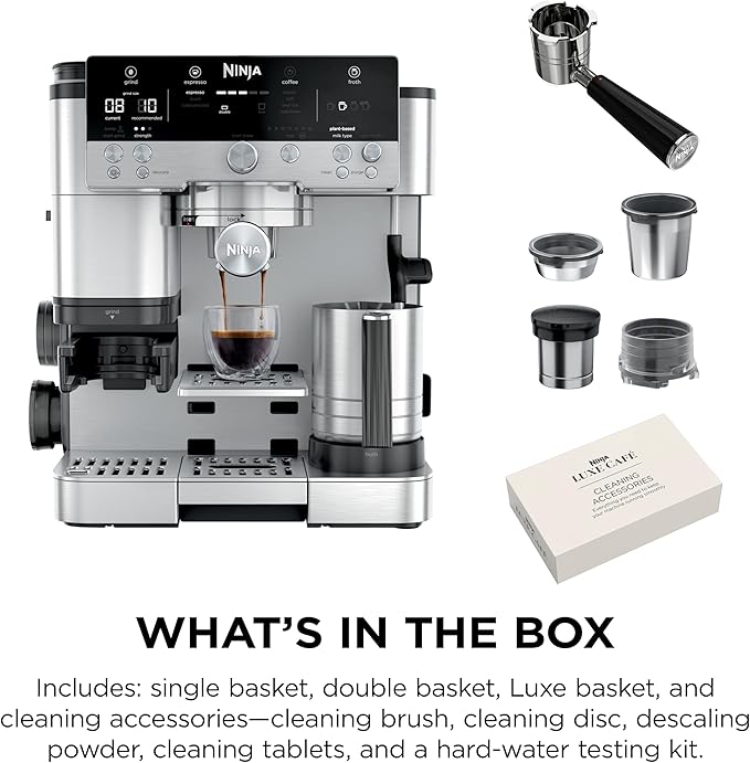 Ninja Luxe Café 3-in-1 Espresso, Drip Coffee and Cold Brew Machine | Integrated Coffee Grinder, Milk Frother, Assisted Tamper & Built-In Espresso Accessory Storage | Stainless Steel | ES601