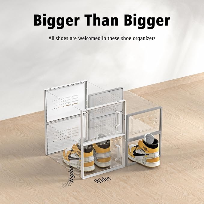 SEE SPRING XX-Large Shoe Storage Box Fit Size 14, Clear Plastic Stackable Shoe Organizer for Closet, Space Saving Sneaker Shoe Rack Containers Bins Holders for Entryway, 12 Pack Clear