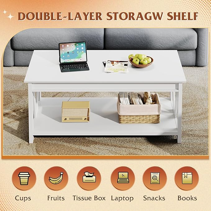 WLIVE Coffee Table with Storage Shelf, 39.4" Farmhouse Coffee Table with V-Frame Support, 2-Tier Wood Rustic Center Table for Living Room, Bedroom & Balcony, All White