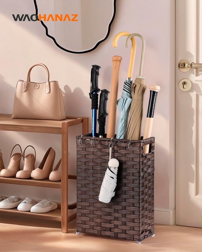 Rattan Umbrella Stand, Umbrella Holder for Entryway, Hand Woven Umbrella Rack Organizer Freestanding, with a Detachable Drip Tray, 4 Hooks, 11.8" L x 5.5" W x 16.5" H