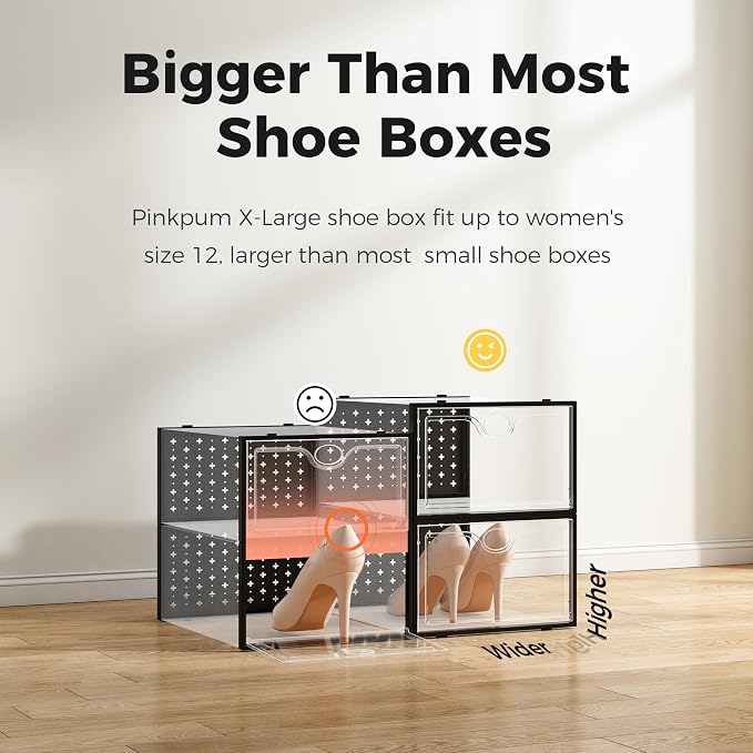Pinkpum 12 Pcs XLarge Shoe & Sneaker Storage Organizer Box Clear Plastic Stackable Closet Black