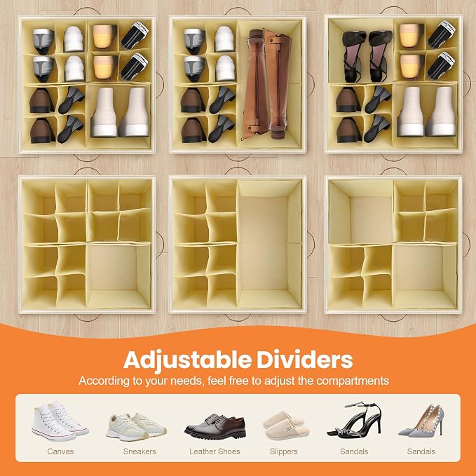 Foyego Shoe Organizer for Closet, 2 Pack Shoe Storage Organizer with Wheels and Adjustable Dividers, Stackable Shoe Storage Box with Clear Cover, Closet Shoe Organizer Fits up to 16-32 Pairs, Gray