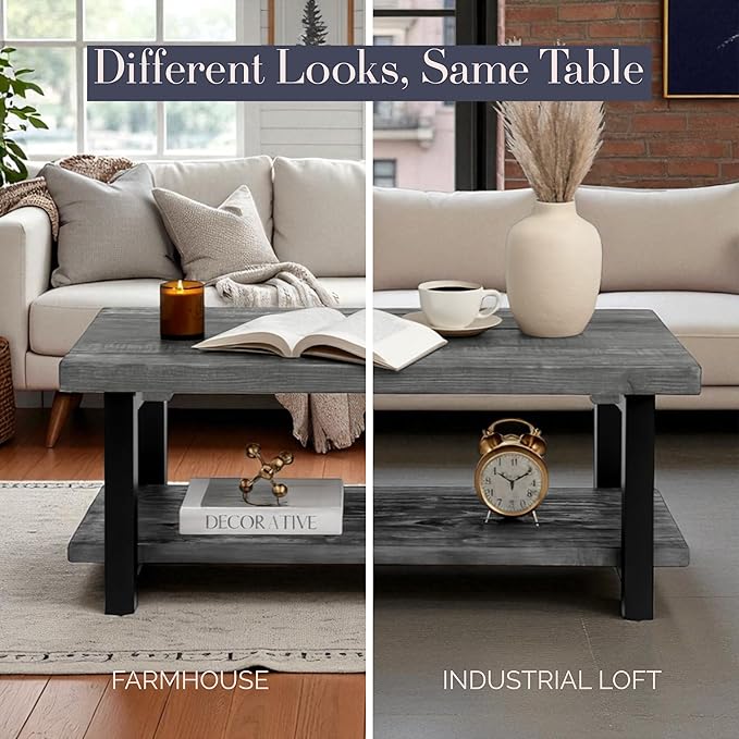 Pomona 42-Inch Rectangular Solid Wood Coffee Table with Storage Shelf & Metal Legs – Modern Rustic Industrial Living Room Table by Alaterre Furniture (Slate Grey)