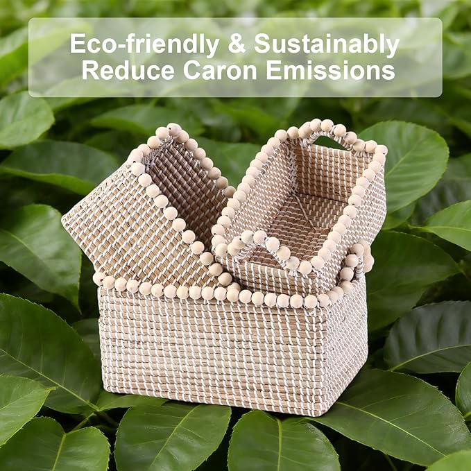Set of 3 Seagrass Woven Storage Basket with Handles, Natural Wooden Bead Decoration for Blankets Toys Clothes Shoes Organizer, Cube Bins for Shelves Living Room Bedroom Nursery Home Decor