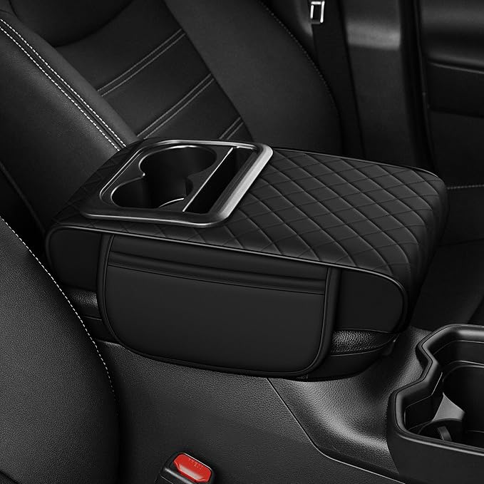 Center Console Cover Leather Armrest Cover Fit for Nissan Rogue 2008-2020 Middle Console Cushion with Storage Box&Cup Holder & Phone Slot(Black)