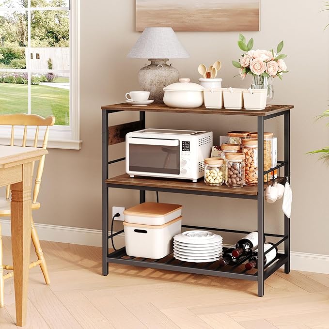 HOOBRO Kitchen Island with Storage, Kitchen Island Table with Power Outlet, 47.2" L 3 Tier Kitchen Counter and Microwave Stand, for Home, Kitchen and Dining Room, Rustic Brown and Black BF120UZD01