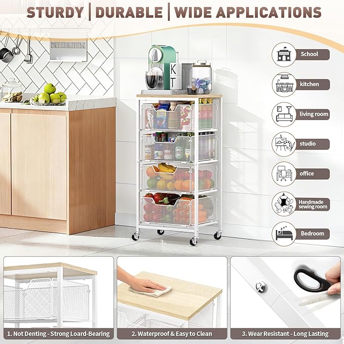 Rolling Cart with Drawers, 4-Tier Utility Cart Storage Organizer with Lockable Wheels, Metal Craft Storage Cart with Wooden Top for Kitchen, Bathroom, School, Studio, Office, Bedroom, White