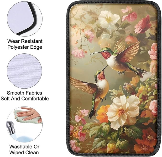 Hummingbird Peony Print Car Center Console Cover,Auto Armrest Box Pad,Soft Auto Arm Rest Cover for Most Vehicle SUV Truck Car