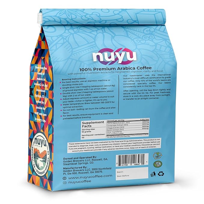 Nuyu Premium Mushroom Coffee, 12 oz, Fine Espresso Ground 100% Arabica, 2000mg Functional Mushrooms, Lion's Mane, Reishi, Chaga, Cordyceps for Cognition, Energy and Wellness (12oz, Espresso Roast)