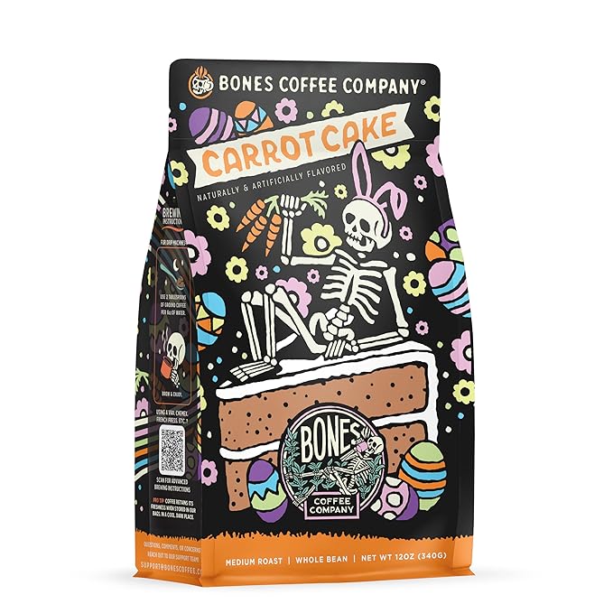 Bones Coffee Company Carrot Cake with Sweet Cream Cheese Flavored Coffee, Medium Roast Low Acid Arabica Beans Compatible with Auto drip and French Press Coffee Maker, 12 Oz Whole Bean