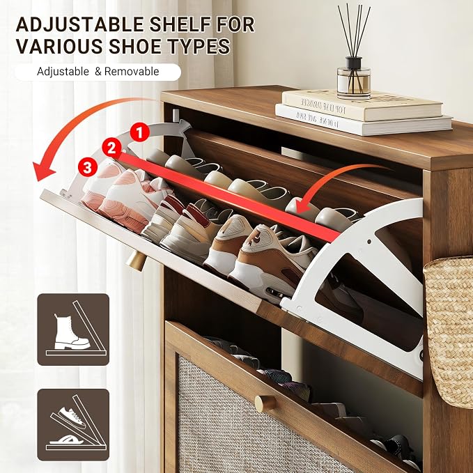 Nicetree Rattan Arched Accent Shoe Storage Cabinet - Freestanding Ultra Slim for Entryway, 3 Flip Drawers & 3-Tier Adjustable Shelves, Farmhouse Modern Rustic Shoe Rack for Hallway, Foyer, Living Room