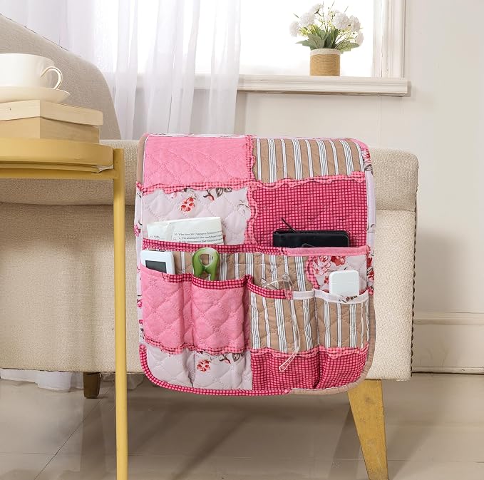 Armchair Caddy for Couch Remote Control Holder Non-slip Sofa Armset Organizer Caddy Storage for Recliner Couch 5 Pocket for Cell Phone Magazine 35"x13" Pink Vintage 1 Piece