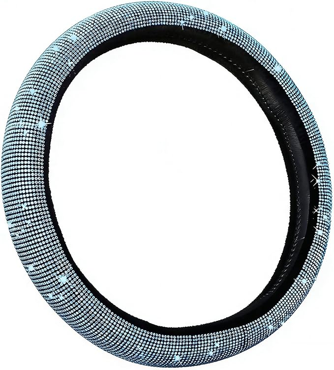 Bling Diamond Steering Wheel Cover, Universal Fit 14.5-15 Inch, Elastic No Inner Ring, All Season Car Decor(Light Blue)