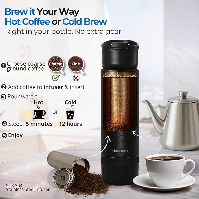 Coffee & Cold Brew Travel Bottle – 18oz Insulated Flask with French Press-Style Brewing, Hidden Storage & Dual Lids – For Hot & Cold Drinks – FLASKMATE All-in-One System (Midnight Black)