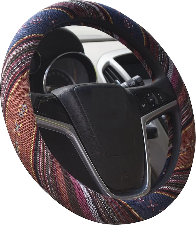 Large Ethnic Style Coarse Flax Cloth Automotive Steering Wheel Cover Anti Slip and Sweat Absorption Auto Car Wrap Cover (15.25''-16'', F)