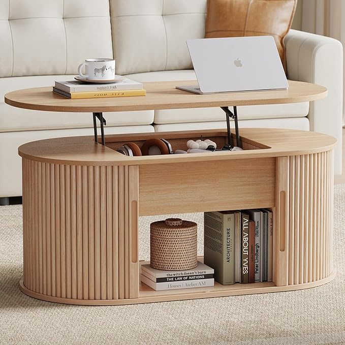 LINSY Lift Top Coffee Table, Oval Fluted Coffee Table with Storage, Boho Wooden Coffee Tables with Sliding Tambour Door, 39" Center Table for Living Room, Office, Small Space, Natural Oak