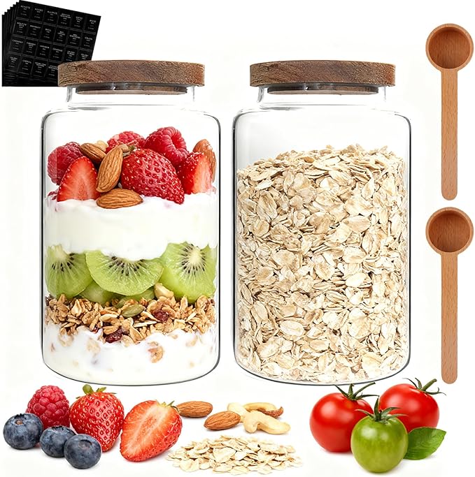 Glass Storage Jar with Lids Spoon Labels Round Glass Coffee Canister Borosilicate Glass Food Containers for Ground Spice Cookies Pasta Sugar Tea (2800ml/94oz-2 pack-with spoon)