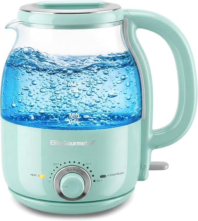 Elite Gourmet 1.2L Electric Glass Kettle, 1200W Fast Boil, Adjustable Temperature Control & Keep Warm, BPA-Free Borosilicate Glass, Auto Shut-Off & Boil-Dry Protection, 360° Cordless Base, Mint