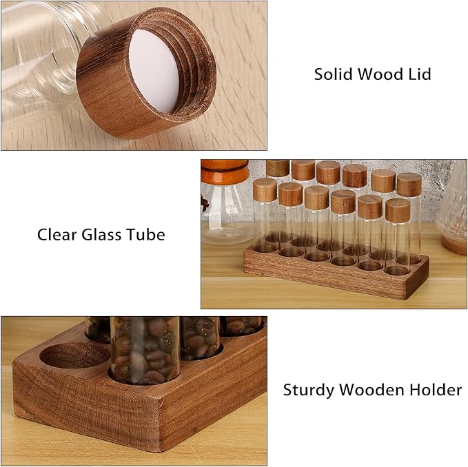 JUXYES Set of 12 Single Dose Coffee Bean Storage Tubes with Wooden Stand and Lids, Dosing Glass Vials for Coffee Storage, Coffee Bean Container Cellars, Espresso Bean Canisters Set, 2 fl oz, 1.7 fl oz