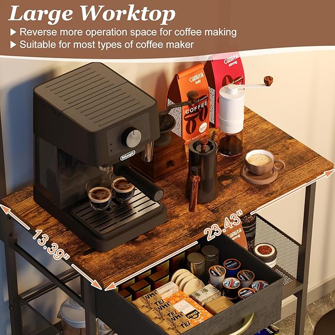 X-cosrack Coffee Bar Stand Station with Storage Drawer, Extended Worktop Coffee Table, Farmhouse Corner Bar Cabinet for Small Spaces, Barkers Rack & Home Bar for Entryway, Living Room