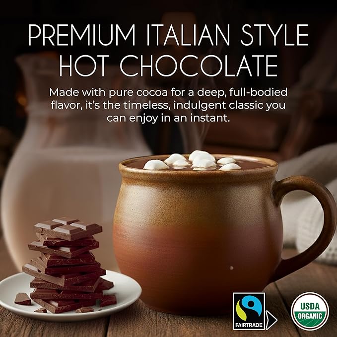 Cafe Garibaldi Premium Hot Chocolate Classic - Organic Instant Cocoa Mix with Cocoa Powder, Fair Trade Gluten-Free & GMO-Free 8 Servings x 0.62oz Packets, Ideal Italian Hot Chocolate Gift