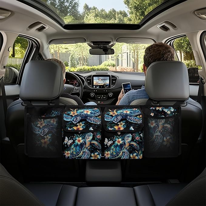 CLOHOMIN Blue Sea Turtle Trunk Organizer for SUV Sedan Auto Hibiscus Car Trunk Organizer Hanging Car Storage Bags Collapsible Cargo Bag with 4 Pockets Car Decor Accessories Gifts
