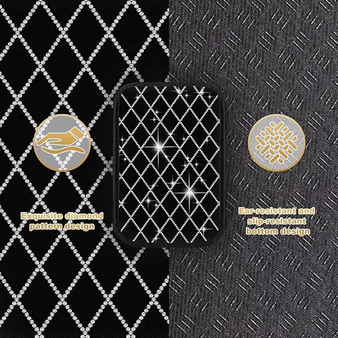 Bling Center Console Cover with 2 Side Pockets Fit for Venza Multi-Functional Car Armrest Cushion Diamond-Studded Rhombus Pattern Style(Black&Silver Diamond)
