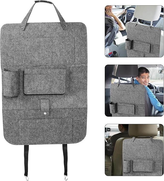 Car Backseat Organizer Bag Hanging Storage Pouch Felt Material Medium Gray Small Size Car Seat Hanging Organizer for Vehicle Interior Storage and Backseat Protection