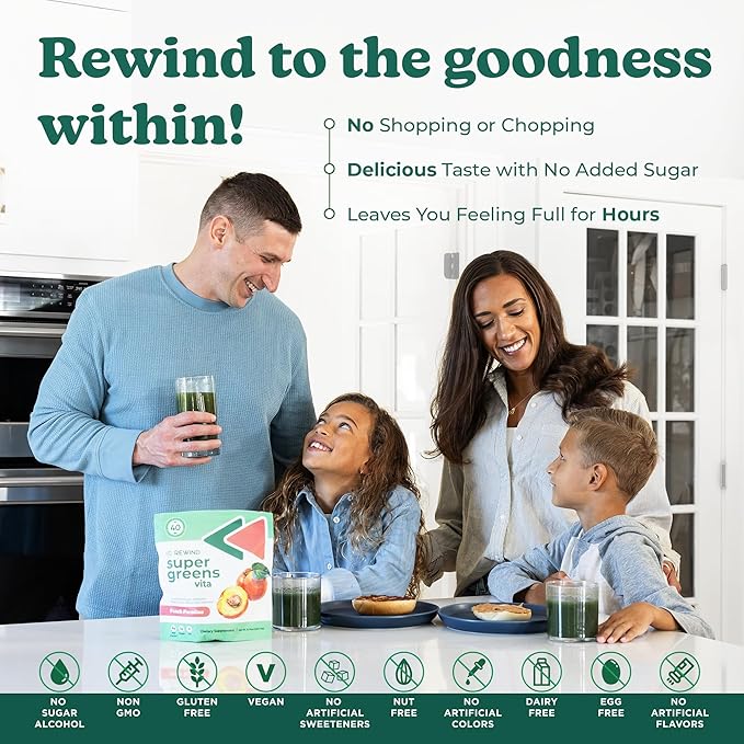 Rewind Best Tasting Super Greens Powder with 40+ Superfoods – Delicious Daily Green Powder with Vitamin B12, Zinc, Vitamin C, Magnesium & Calcium – Green Juice Superfood Mix - Cherry Flavor