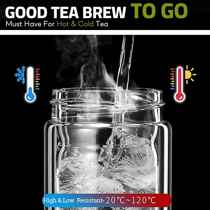 17oz Tea Tumbler with Infuser, 500ml Double Wall Borosilicate Glass Tea Bottle 100% Leak-Proof with 2 in 1 Stainless Steel Filter