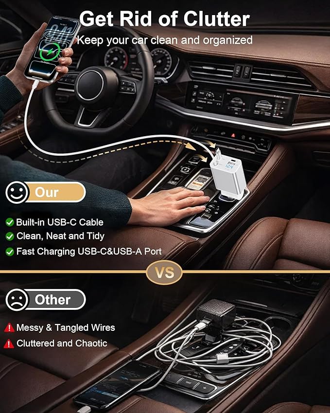Retractable Car Charger USB C, 4 in 1 Fast Car Charging Adapter With 2 Flexible USB C Cable for iPhone 17 Samsung Android Phones, USBC Cigarette Lighter Gift for Men Car Gadget Electronics Accessories